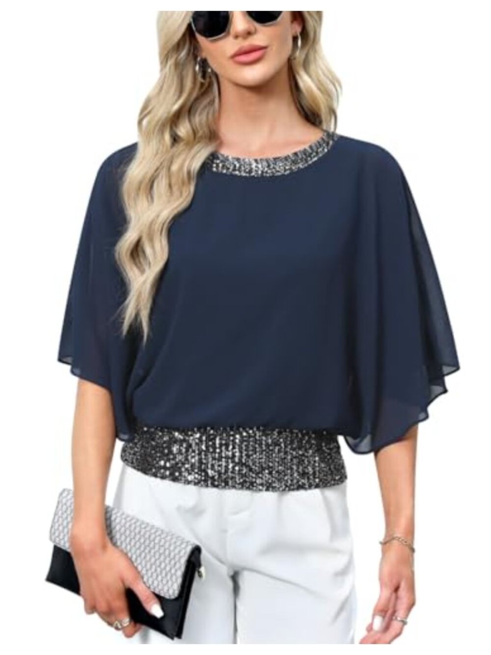 Women's Sequin Chiffon Blouse Batwing Sleeve Formal Party Top